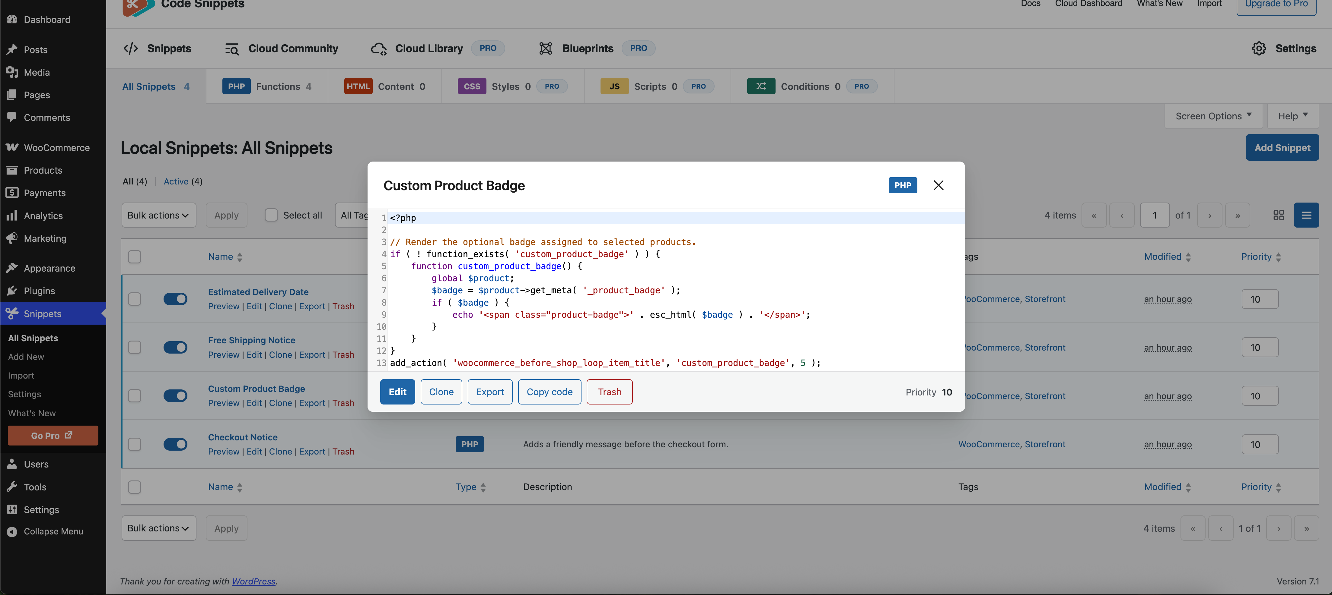 A custom PHP code snippet open for editing in the Code Snippets plugin