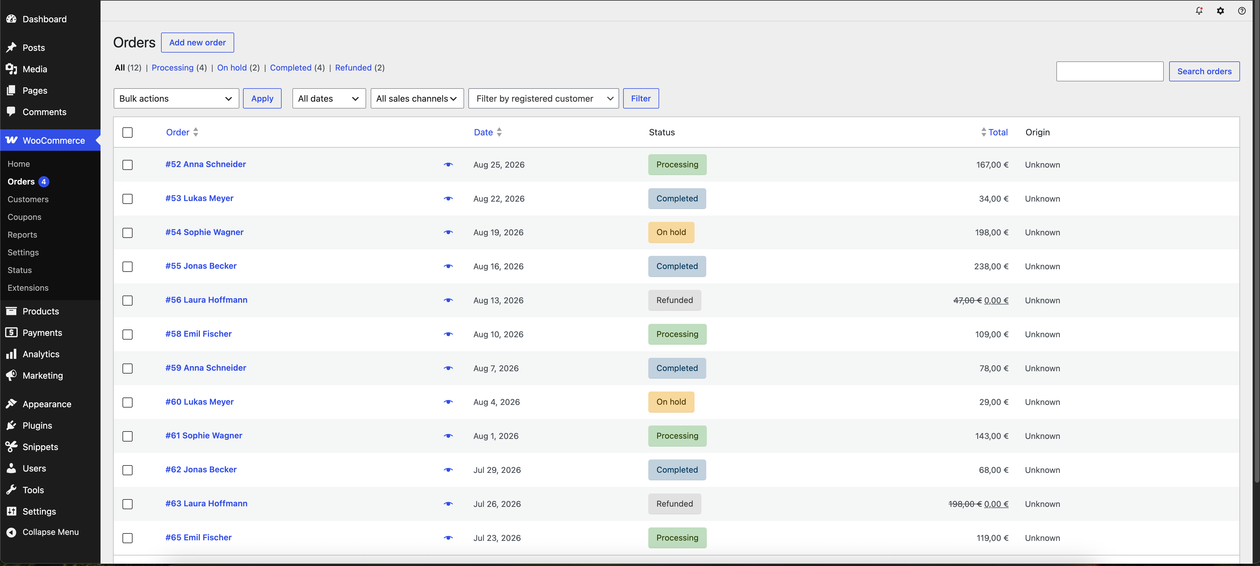 WooCommerce orders list showing order statuses, totals and dates