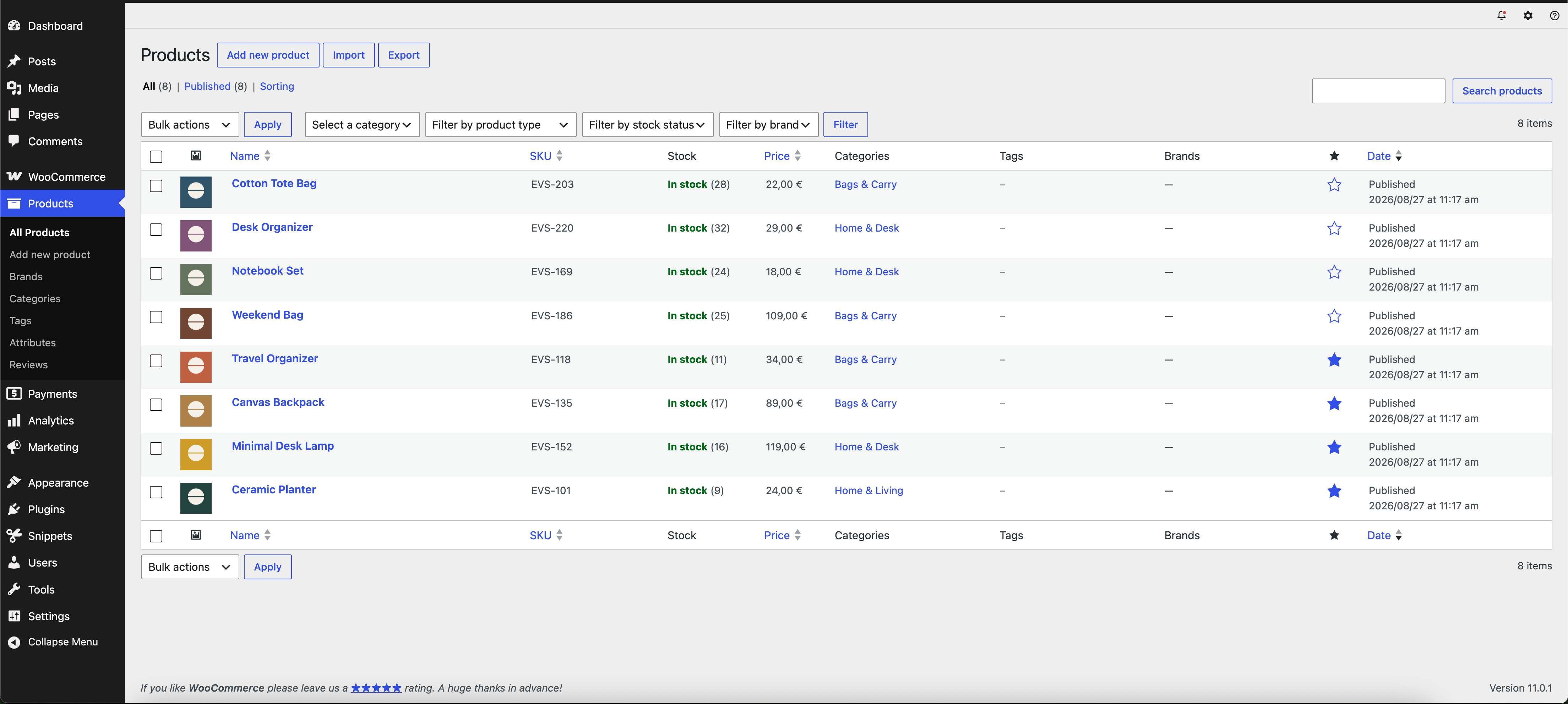 WooCommerce products list with stock, price and category details