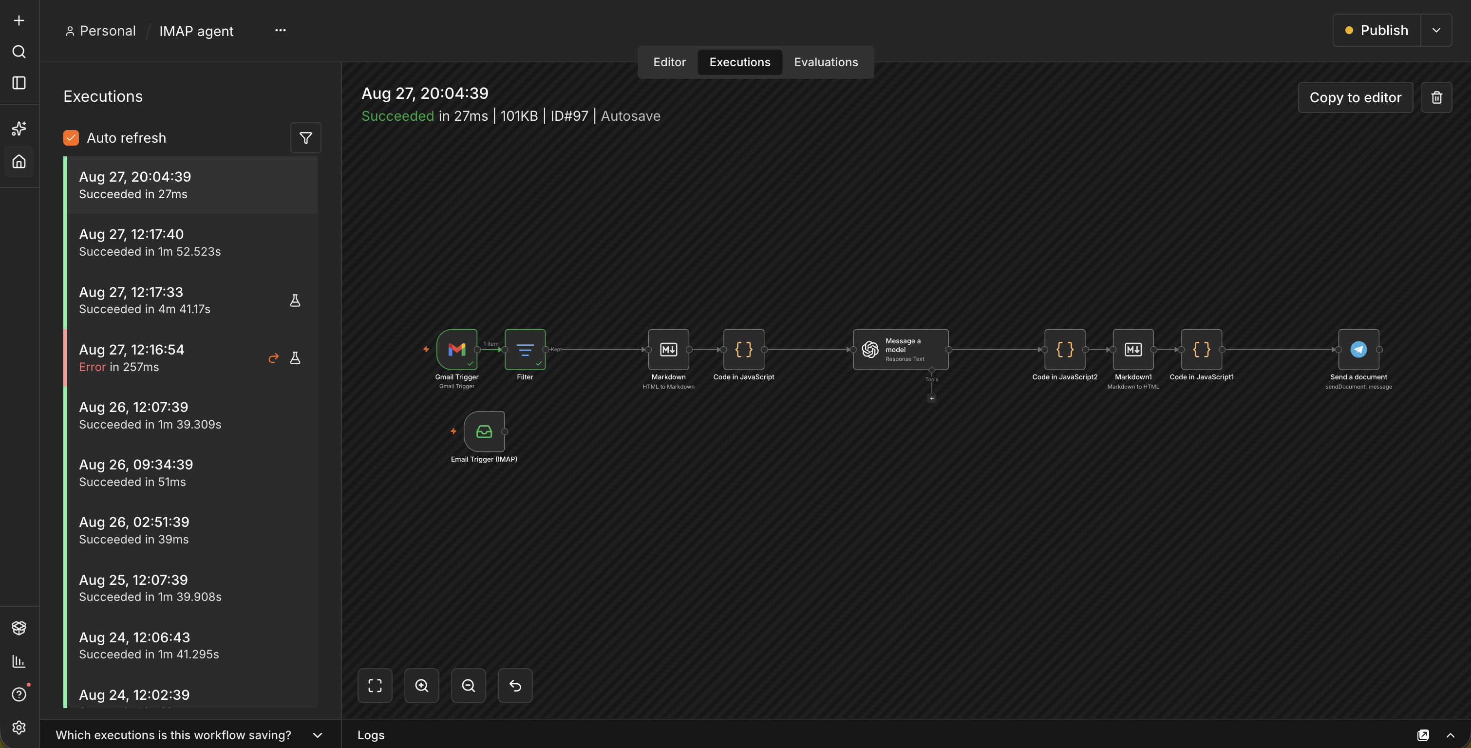 n8n workflow editor showing a multi-step automation pipeline