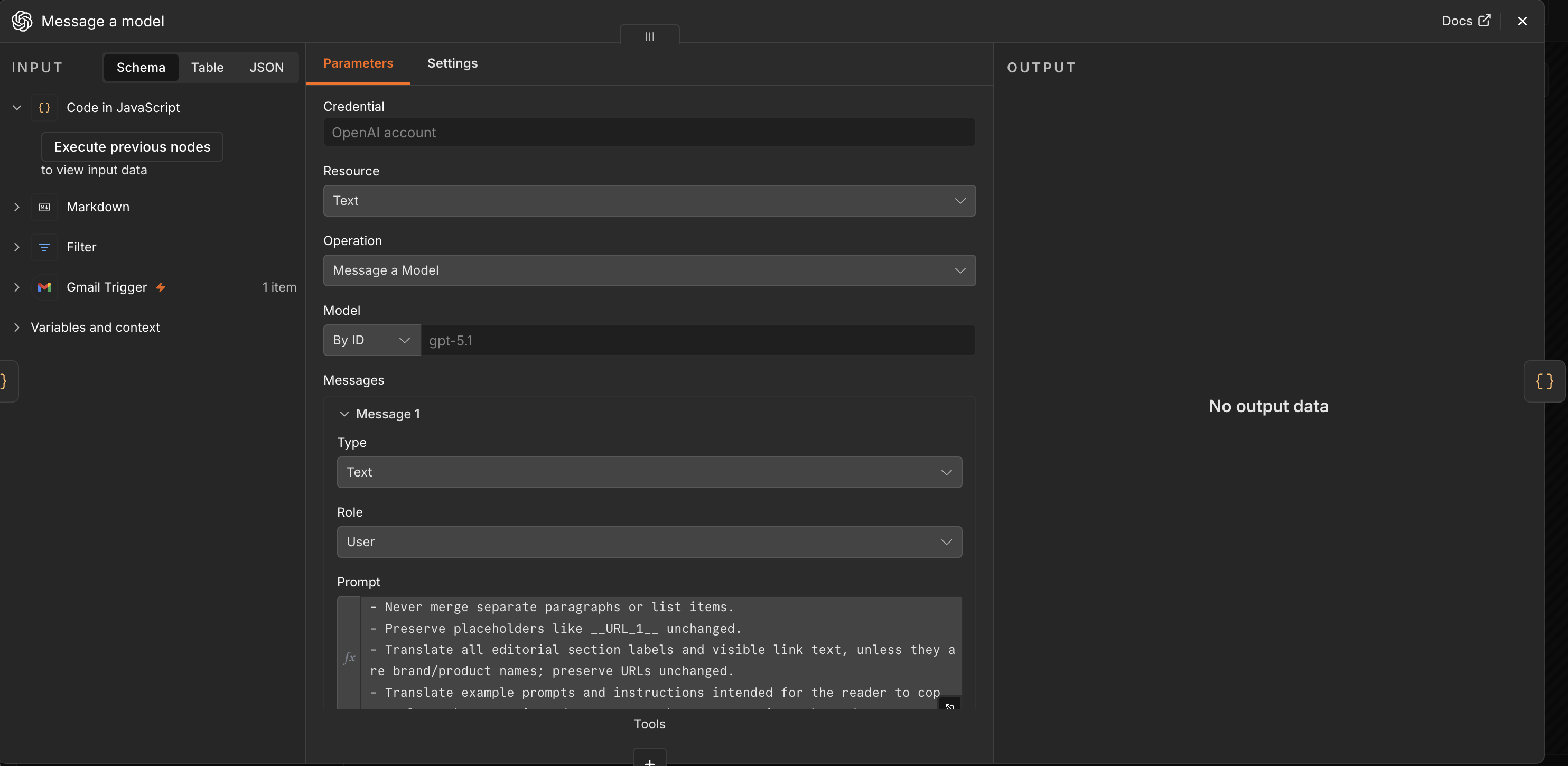 n8n OpenAI node configuration for messaging an AI model